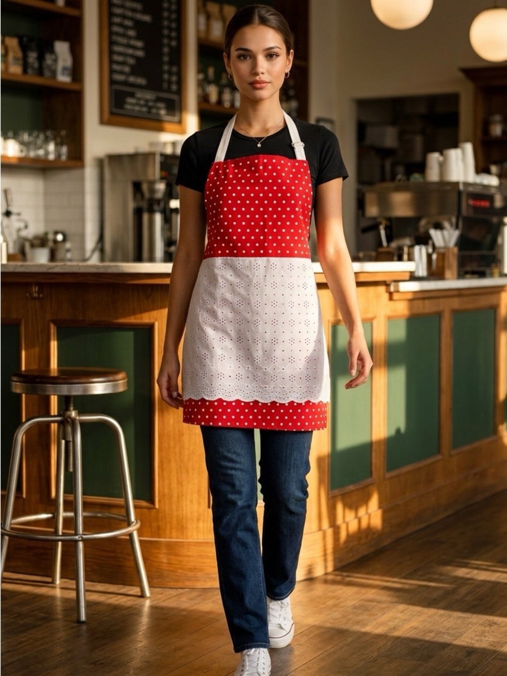 2001 - Red Polka Dot & White Eyelet Apron - Picture 1 of 3